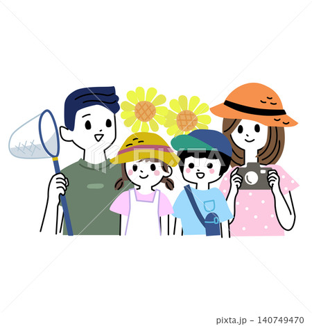 ひまわり畑で麦わら帽子を被った笑顔の家族4人（父母息子娘）の夏休みベクターイラスト 140749470