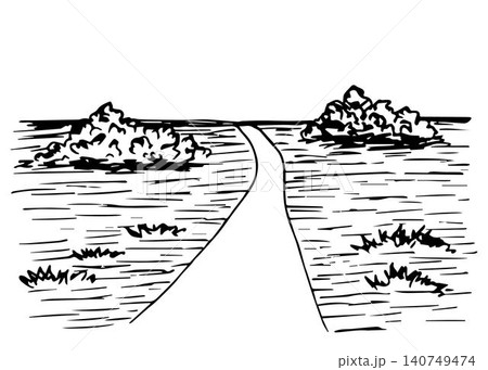 Field road, bushes, grass, countryside landscape, distance path, horizon. Hand-drawn vector illustration in the engraving style. Field road, bushes, grass, countryside landscape, distance path, horizon. Hand-drawn vector illustration in the engraving style. 140749474