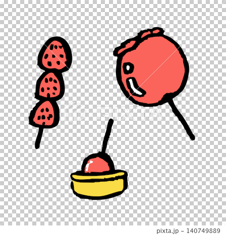 夏祭り 屋台のりんご飴とフルーツ飴の手描きイラスト 夏祭り 屋台のりんご飴とフルーツ飴の手描きイラスト 140749889