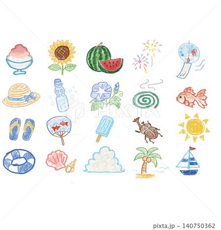 手描き風の可愛い日本の夏アイコンセット 透明背景 140750362
