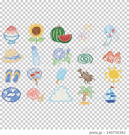 手描き風の可愛い日本の夏アイコンセット 透明背景 140750362