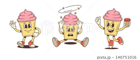 Cupcake Character Set With Various Emotions Retro Comic Cartoon Vector Illustration 140751016