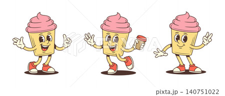 Happy Cupcake Character With Coffee Poses Retro Cartoon Vector Illustration Happy Cupcake Character With Coffee Poses Retro Cartoon Vector Illustration 140751022