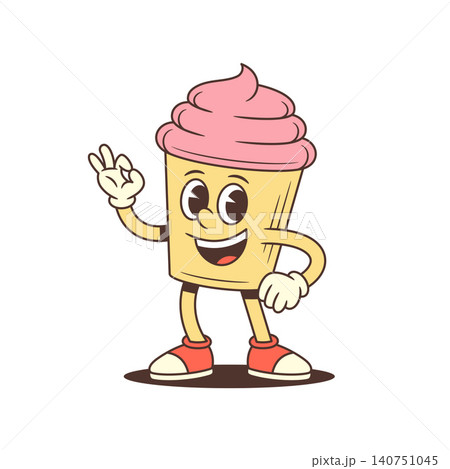 Funny Okay Hand Cupcake Retro Food Cartoon Character Vector Illustration 140751045