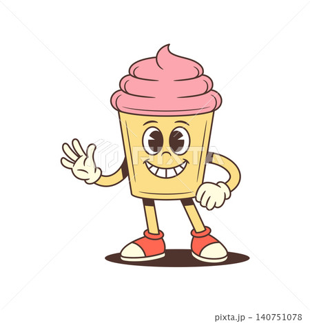 Friendly Smiling Waving Cupcake Mascot Cheerful Retro Cartoon Character Vector Illustration Friendly Smiling Waving Cupcake Mascot Cheerful Retro Cartoon Character Vector Illustration 140751078