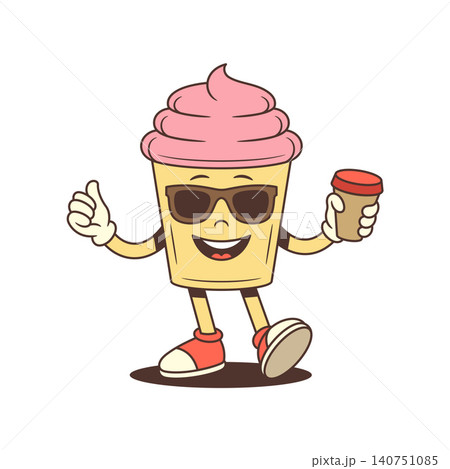 Cool Cupcake Mascot With Coffee And Thumbs Up Retro Cartoon Character Vector Illustration Cool Cupcake Mascot With Coffee And Thumbs Up Retro Cartoon Character Vector Illustration 140751085