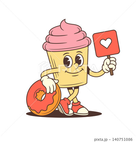 Cute Cupcake Mascot With Donut And Love Sign Retro Cartoon Character Vector Illustration Cute Cupcake Mascot With Donut And Love Sign Retro Cartoon Character Vector Illustration 140751086