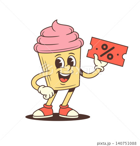 Happy Cupcake Mascot With Discount Coupon Retro Cartoon Character Vector Illustration 140751088