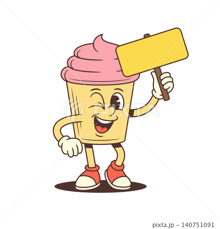 Winking Cupcake Mascot Holding Sign Retro Cartoon Character Vector Illustration Winking Cupcake Mascot Holding Sign Retro Cartoon Character Vector Illustration 140751091