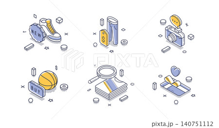 Online Marketplace And E-commerce Shopping Modern Isometric Vector Illustration Icons Online Marketplace And E-commerce Shopping Modern Isometric Vector Illustration Icons 140751112