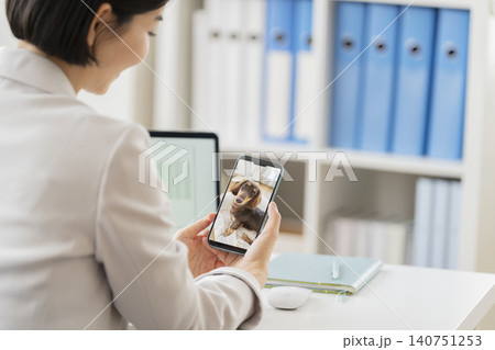 仕事の合間にスマホでペットカメラに映る留守番中の愛犬の様子を確認するビジネスウーマン イメージ 仕事の合間にスマホでペットカメラに映る留守番中の愛犬の様子を確認するビジネスウーマン イメージ 140751253