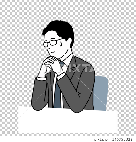 An illustration of a man in a suit deep in thought, and a bespectacled businessman with his hands clasped, looking anxious and deep in thought. An illustration of a man in a suit deep in thought, and a bespectacled businessman with his hands clasped, looking anxious and deep in thought. 140751322