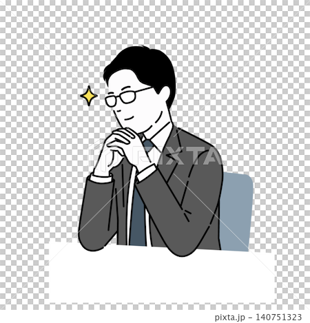ほくそ笑むスーツ姿の男性のイラスト、手を組んで企み顔を見せる眼鏡のビジネスマン 140751323