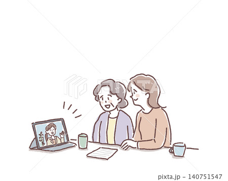 タブレットでオンライン相談をする高齢女性と娘のイメージイラスト 140751547