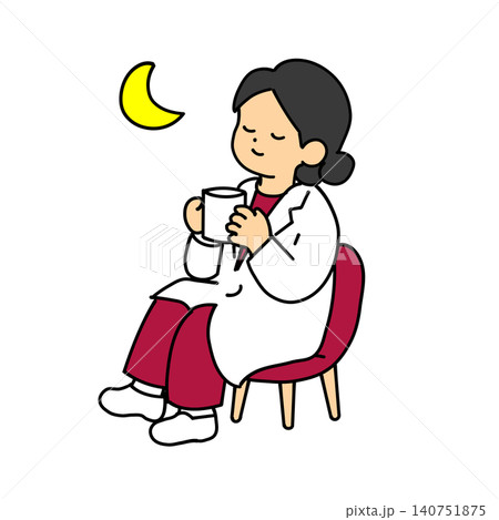 夜に椅子でコーヒーを飲んでくつろぐ女性医師のイラスト 140751875