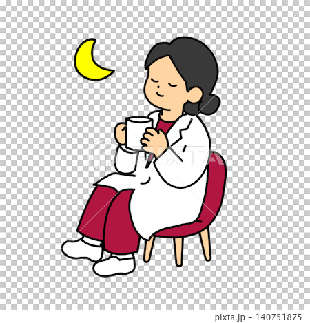 夜に椅子でコーヒーを飲んでくつろぐ女性医師のイラスト 140751875