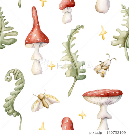 Cute Fly Agaric Mushrooms Fern Butterfly Moth Stars Seamless Pattern. Watercolor summer floral forest illustration hand painted isolated on white background nursery design fresh prints home textile 140752109