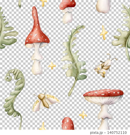 Cute Fly Agaric Mushrooms Fern Butterfly Moth Stars Seamless Pattern. Watercolor summer floral forest illustration hand painted isolated on white background nursery design fresh prints home textile Cute Fly Agaric Mushrooms Fern Butterfly Moth Stars Seamless Pattern. Watercolor summer floral forest illustration hand painted isolated on white background nursery design fresh prints home textile 140752110