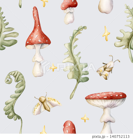 Cute Fly Agaric Mushrooms Fern Butterfly Moth Stars Seamless Pattern. Watercolor summer floral forest illustration hand painted isolated on blue background nursery design fresh prints home textile 140752113