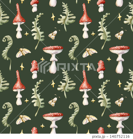 Cute Fly Agaric Mushrooms Fern Butterfly Moth Stars Seamless Pattern. Watercolor summer floral forest illustration hand painted isolated dark green background nursery design fresh prints home textile Cute Fly Agaric Mushrooms Fern Butterfly Moth Stars Seamless Pattern. Watercolor summer floral forest illustration hand painted isolated dark green background nursery design fresh prints home textile 140752116