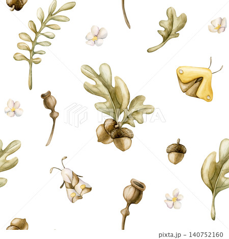 Acorns Oak leaves Poppy Boxes Butterfly Moth Seamless Pattern. Cute Watercolor summer floral forest illustration hand painted isolated on white background for nursery baby kids design prints textile 140752160