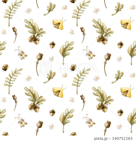 Acorns Oak leaves Poppy Boxes Butterfly Moth Seamless Pattern. Cute Watercolor summer floral forest illustration hand painted isolated on white background for nursery baby kids design prints textile Acorns Oak leaves Poppy Boxes Butterfly Moth Seamless Pattern. Cute Watercolor summer floral forest illustration hand painted isolated on white background for nursery baby kids design prints textile 140752163