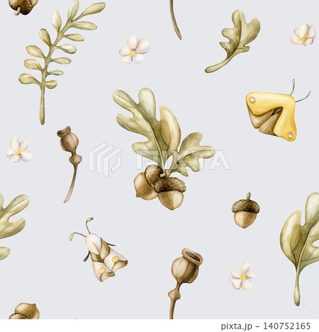 Acorns Oak leaves Poppy Boxes Butterfly Moth Seamless Pattern. Cute Watercolor summer floral forest illustration hand painted isolated on blue background for nursery baby kids design prints textile Acorns Oak leaves Poppy Boxes Butterfly Moth Seamless Pattern. Cute Watercolor summer floral forest illustration hand painted isolated on blue background for nursery baby kids design prints textile 140752165