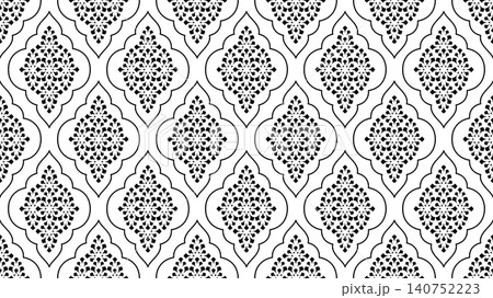 Flower geometric pattern. Seamless vector background. White and black ornament. Ornament for fabric, wallpaper, packaging. Decorative print. Flower geometric pattern. Seamless vector background. White and black ornament. Ornament for fabric, wallpaper, packaging. Decorative print. 140752223