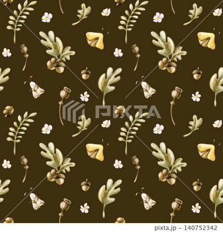 Acorns Oak leaves Poppy Boxes Butterfly Moth Seamless Pattern. Cute Watercolor summer floral forest illustration hand painted isolated on dark background for nursery baby kids design prints textile Acorns Oak leaves Poppy Boxes Butterfly Moth Seamless Pattern. Cute Watercolor summer floral forest illustration hand painted isolated on dark background for nursery baby kids design prints textile 140752342