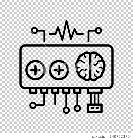 Electronic sound processor and synthesizer box line icon with brain and waveform symbols. Electronic sound processor and synthesizer box line icon with brain and waveform symbols. 140752370