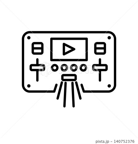 Multimedia control panel line icon with play button and audio faders for broadcasting. 140752376