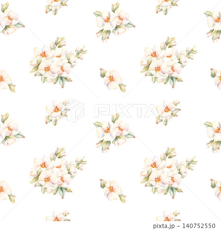 Little White Flowers Seamless Pattern Peach Apple Blossom Blooming. Watercolor hand drawn floral illustration isolated on white background home textile fresh fabric cosmetic package porcelain crockery Little White Flowers Seamless Pattern Peach Apple Blossom Blooming. Watercolor hand drawn floral illustration isolated on white background home textile fresh fabric cosmetic package porcelain crockery 140752550