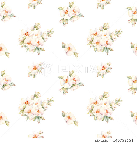 Little White Flowers Seamless Pattern Peach Apple Blossom Blooming. Watercolor hand drawn floral illustration isolated on white background home textile fresh fabric cosmetic package porcelain crockery Little White Flowers Seamless Pattern Peach Apple Blossom Blooming. Watercolor hand drawn floral illustration isolated on white background home textile fresh fabric cosmetic package porcelain crockery 140752551