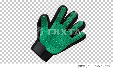 Green pet grooming glove isolated on transparent background. Silicone brush accessory for removing loose fur, massaging skin and everyday coat care for cats and dogs. Green pet grooming glove isolated on transparent background. Silicone brush accessory for removing loose fur, massaging skin and everyday coat care for cats and dogs. 140752669