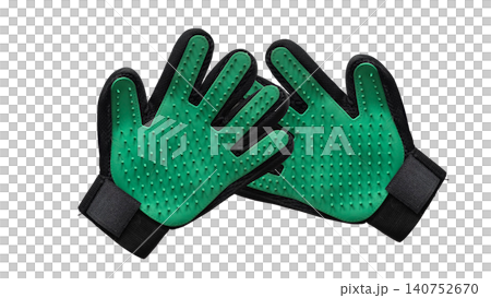 Pair of green pet grooming gloves with silicone bristles isolated on transparent background, concept of animal care and hygiene Pair of green pet grooming gloves with silicone bristles isolated on transparent background, concept of animal care and hygiene 140752670