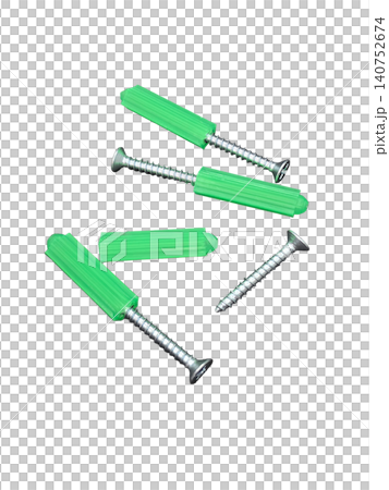 Metal screws and bright green plastic wall anchors for construction isolated on transparent background, concept of home repair and hardware equipment 140752674