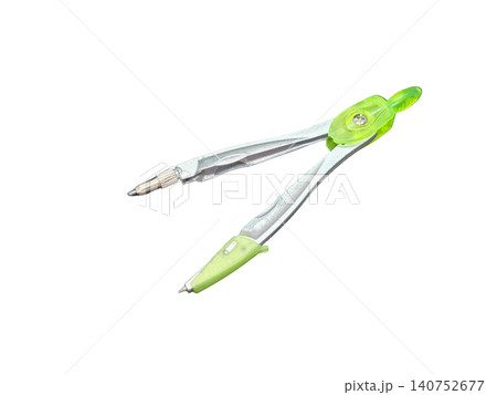 Metal drawing compass with green plastic details isolated on transparent background. Precision geometry tool for drafting, measuring circles and technical drawing. 140752677