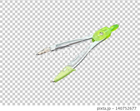Metal drawing compass with green plastic details isolated on transparent background. Precision geometry tool for drafting, measuring circles and technical drawing. 140752677