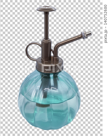 Blue glass plant mister with dark metal pump isolated on transparent background. Vintage spray bottle for watering houseplants, flowers and indoor gardening care. Blue glass plant mister with dark metal pump isolated on transparent background. Vintage spray bottle for watering houseplants, flowers and indoor gardening care. 140752680