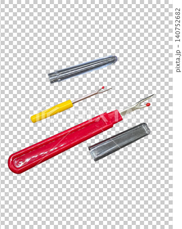 Two seam rippers with protective caps isolated on transparent background. Handy sewing tools for removing stitches, tailoring repairs and fabric craft work. Two seam rippers with protective caps isolated on transparent background. Handy sewing tools for removing stitches, tailoring repairs and fabric craft work. 140752682