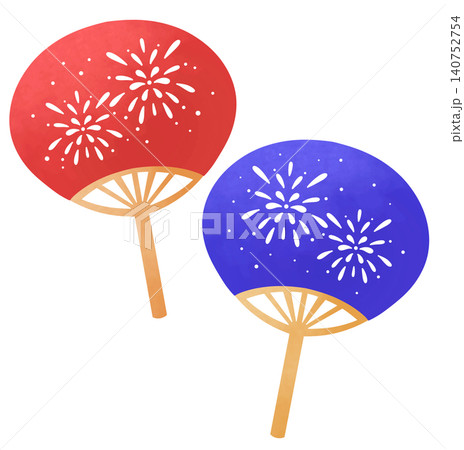 花火の柄の赤色と青色のうちわのセットイラスト 花火の柄の赤色と青色のうちわのセットイラスト 140752754