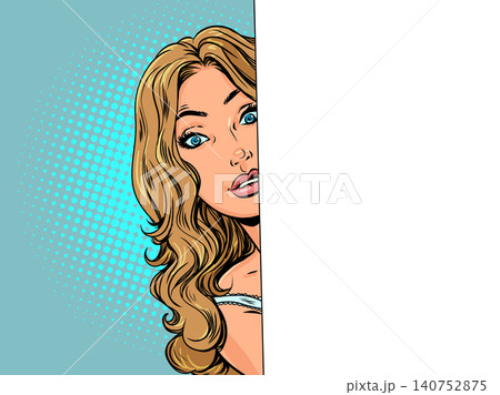 Pop Art Retro A woman peers out. People watch and observe. An interesting business proposition. Pop Art Retro A woman peers out. People watch and observe. An interesting business proposition. 140752875