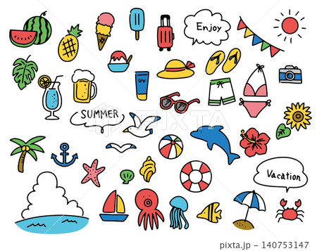 夏のかわいい手描きイラストセット 140753147