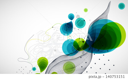 Abstract geometric background with green and blue circles and wireframe wave. Vector Abstract geometric background with green and blue circles and wireframe wave. Vector 140753151