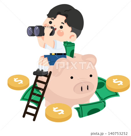 Boy Looking Through Binoculars on Piggy Bank Savings Boy Looking Through Binoculars on Piggy Bank Savings 140753252