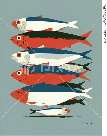 A vibrant illustration depicting a school of stylized fish swimming in unison. 140753296