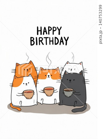 Three adorable cats celebrate a birthday with warm mugs of tea. Three adorable cats celebrate a birthday with warm mugs of tea. 140753299
