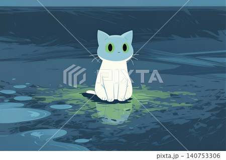A serene illustration of a white cat contemplating its reflection in a puddle. A serene illustration of a white cat contemplating its reflection in a puddle. 140753306
