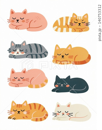 Six adorable cats curled up in peaceful slumber. 140753312