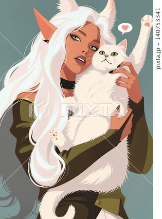 A striking woman cradles a fluffy white cat with a loving gaze. A striking woman cradles a fluffy white cat with a loving gaze. 140753341